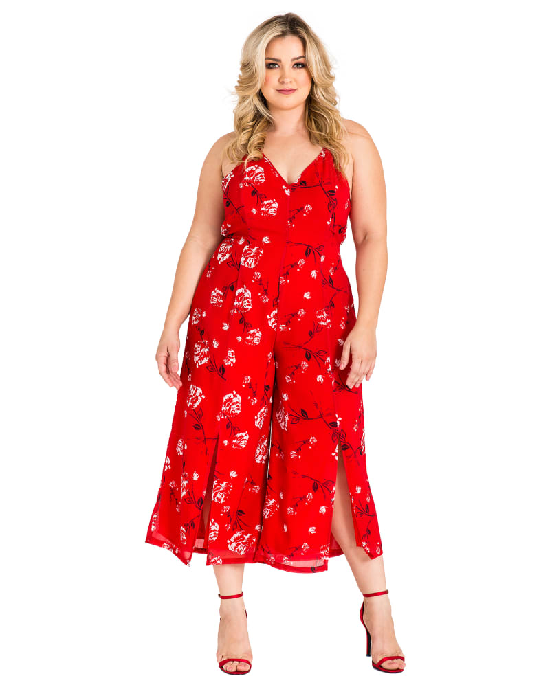 Front of a model wearing a size 1X Norma Chiffon Capri Jumpsuit in Red Tulip by Standards & Practices. | dia_product_style_image_id:276215